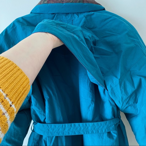 Vintage Long Trench Winter Jacket Teal and Purple with waist tie and zipper - Picture 10 of 15